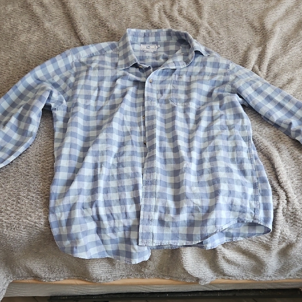 Southern Tide Light Blue and White Plaid Shirt